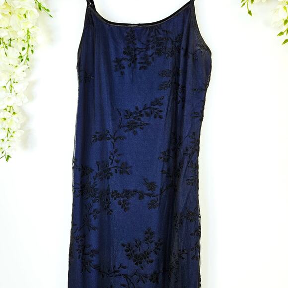 Y2K Navy Blue Black Velvet Burnout Mesh Floral Maxi Slip Dress Medium Whimsigoth - Picture 9 of 16